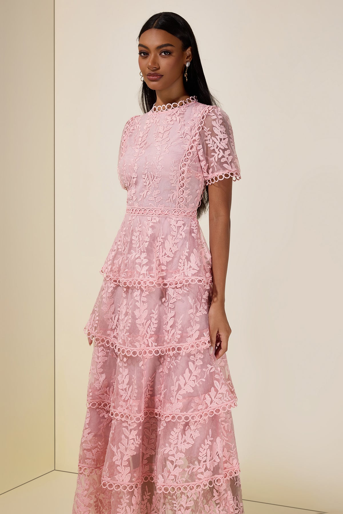 Embroidered Lace Ruffle Maxi Dress