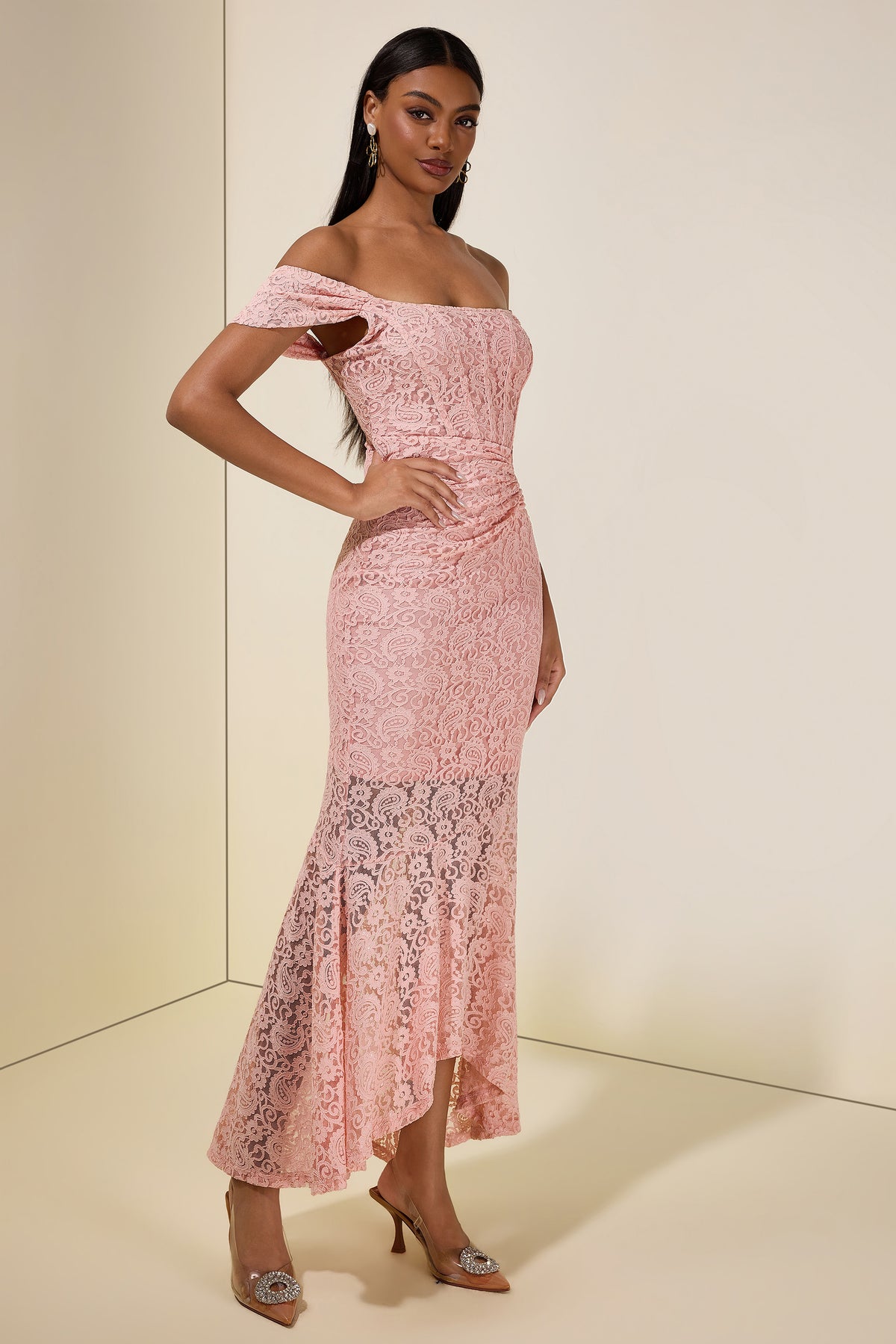 Solid Lace Gathering Midi Dress