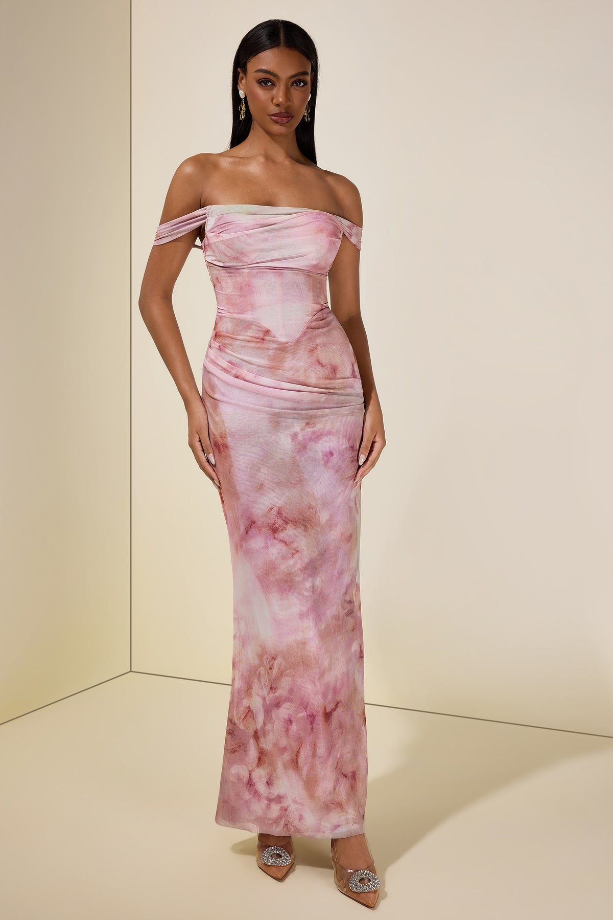 Mesh Tie Dye Off Shoulder Maxi Dress