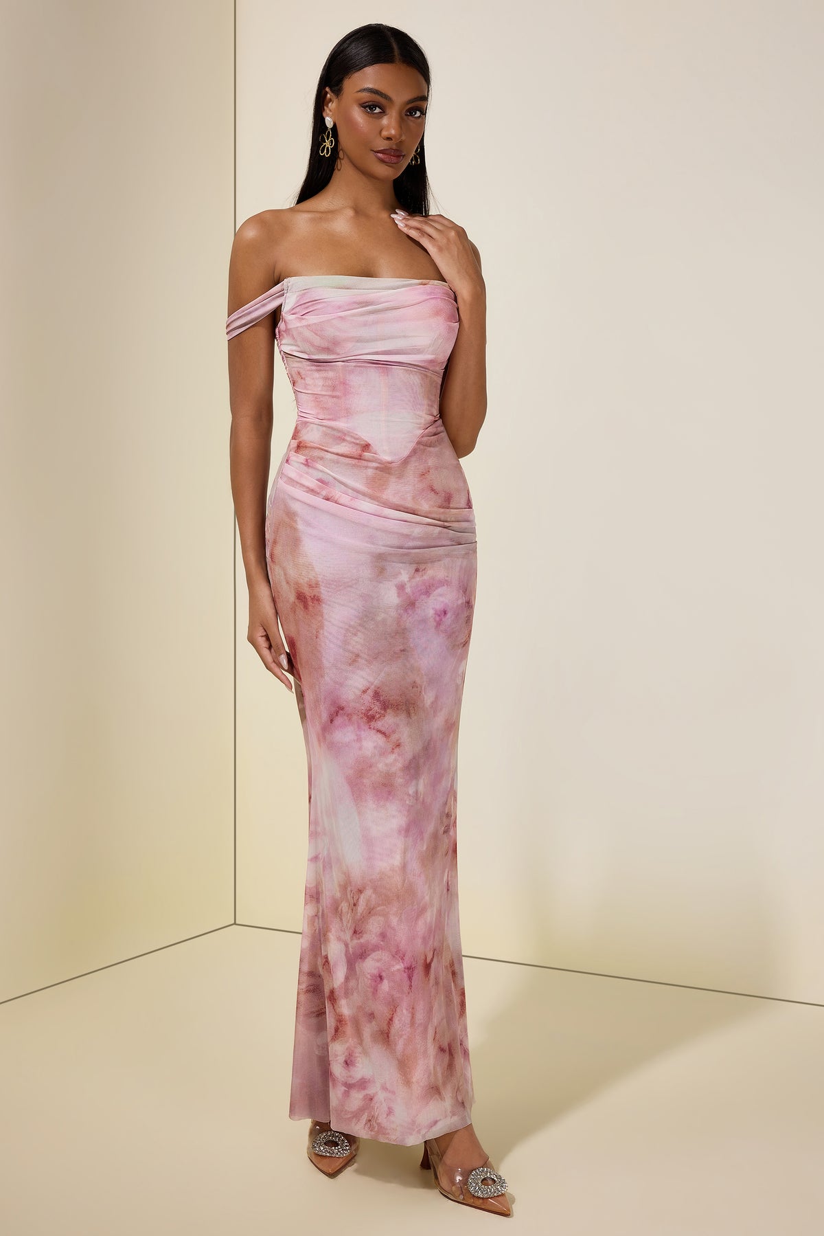 Mesh Tie Dye Off Shoulder Maxi Dress