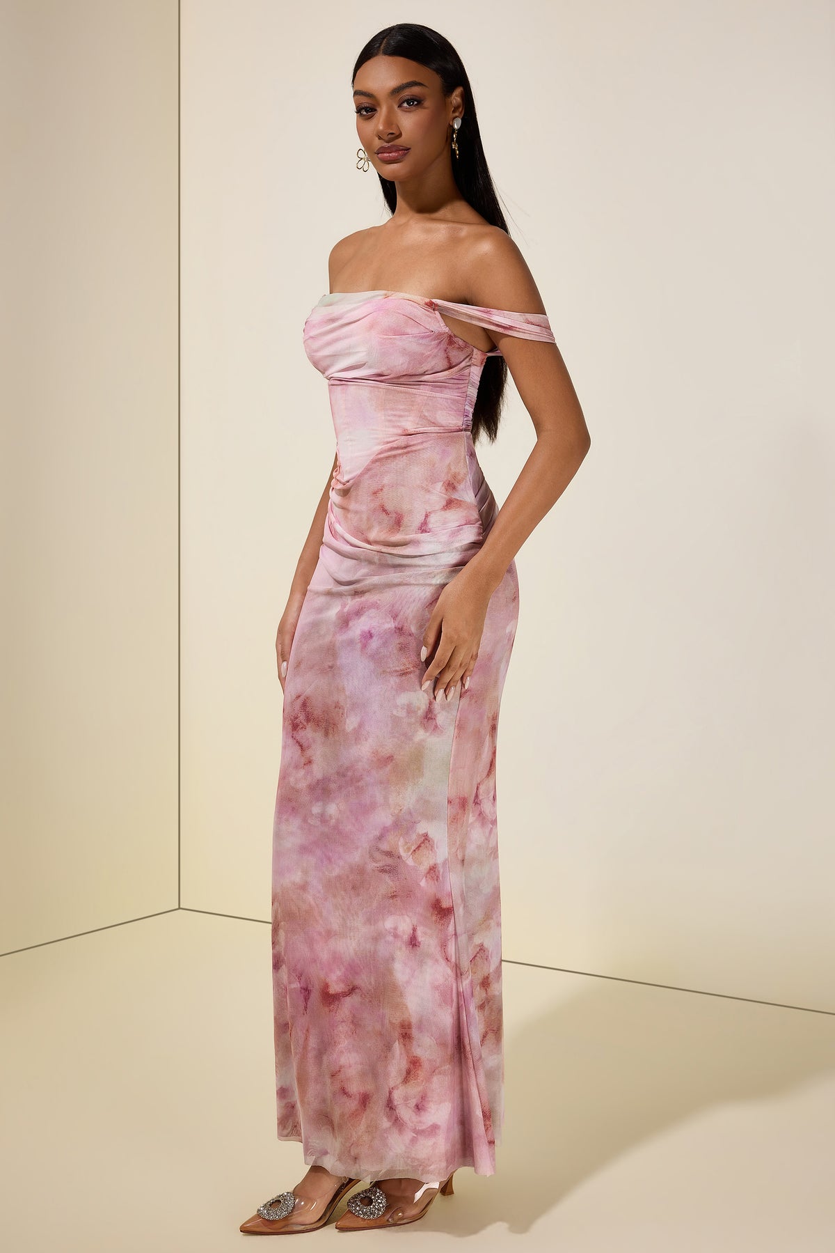 Mesh Tie Dye Off Shoulder Maxi Dress