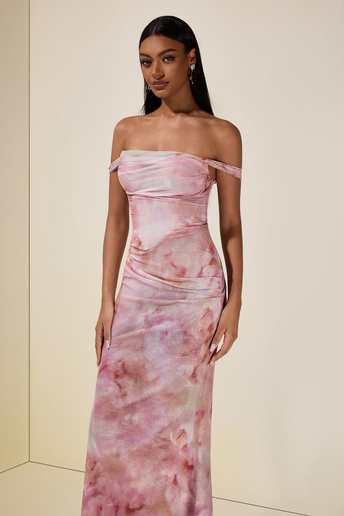 Mesh Tie Dye Off Shoulder Maxi Dress