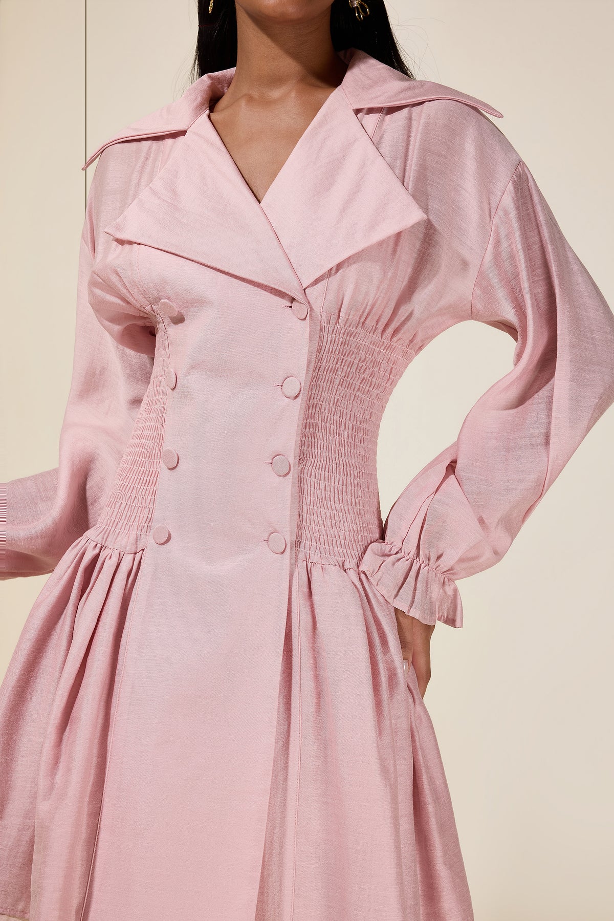 Solid Smocking Long Sleeve Mini Dress
