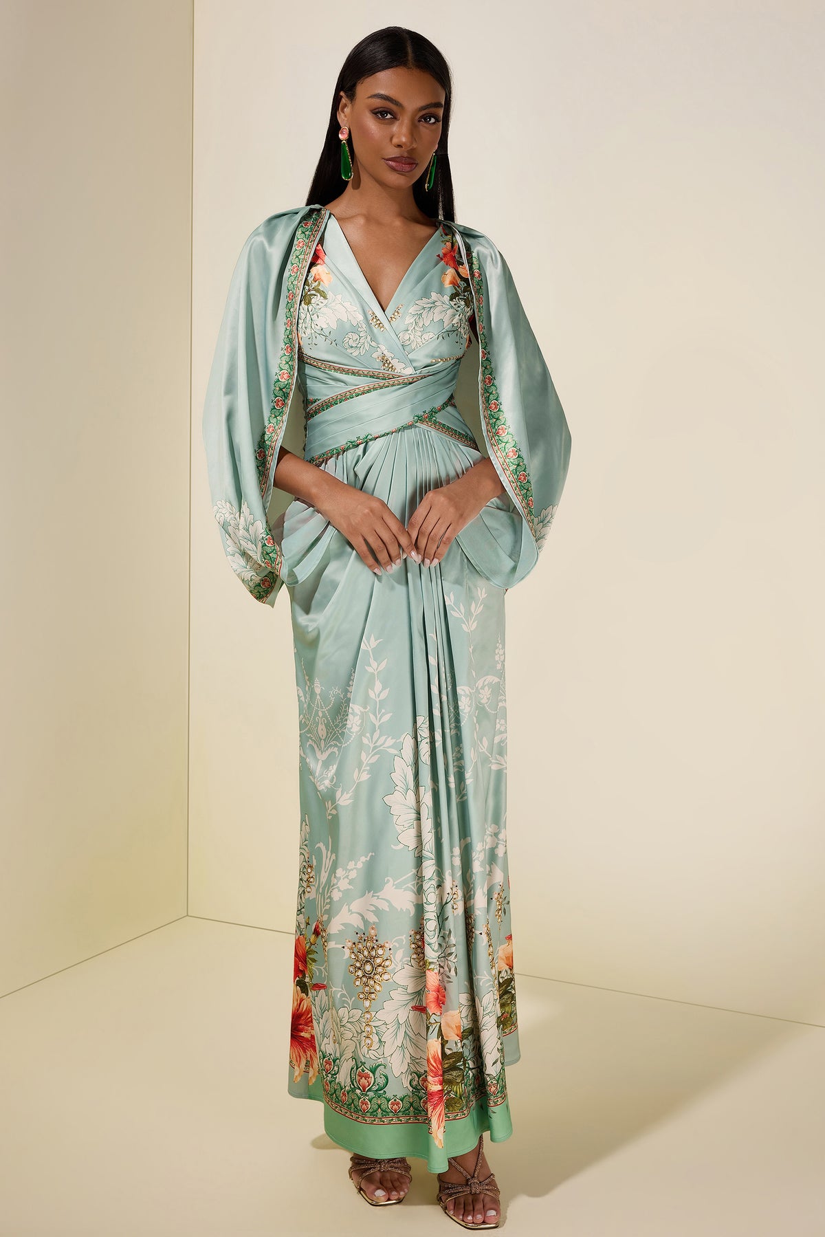 Floral Cape Sleeve Pleated Maxi Dress