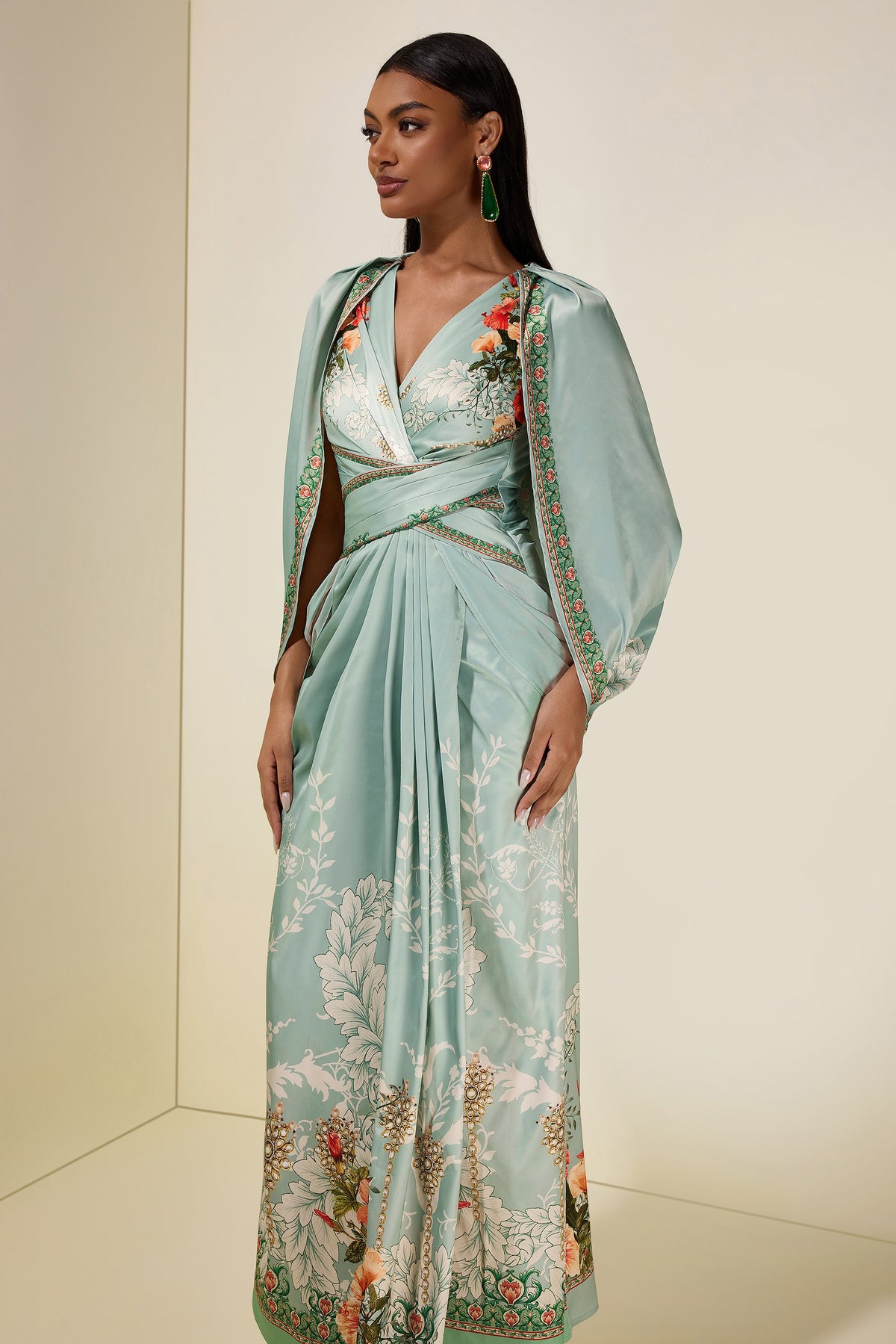 Floral Cape Sleeve Pleated Maxi Dress