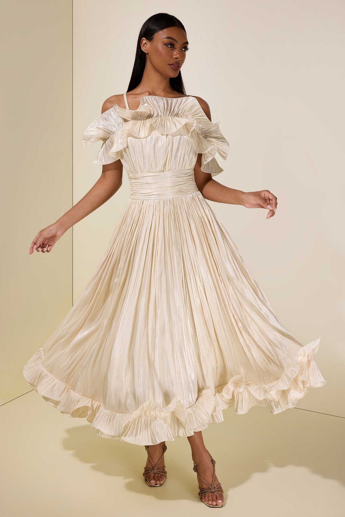 Ruffle Gathering Off Shoulder Midi Dress