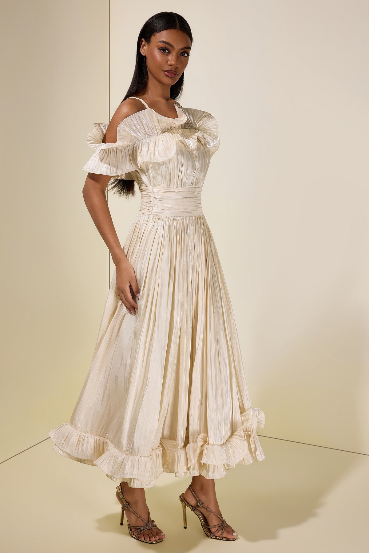 Ruffle Gathering Off Shoulder Midi Dress