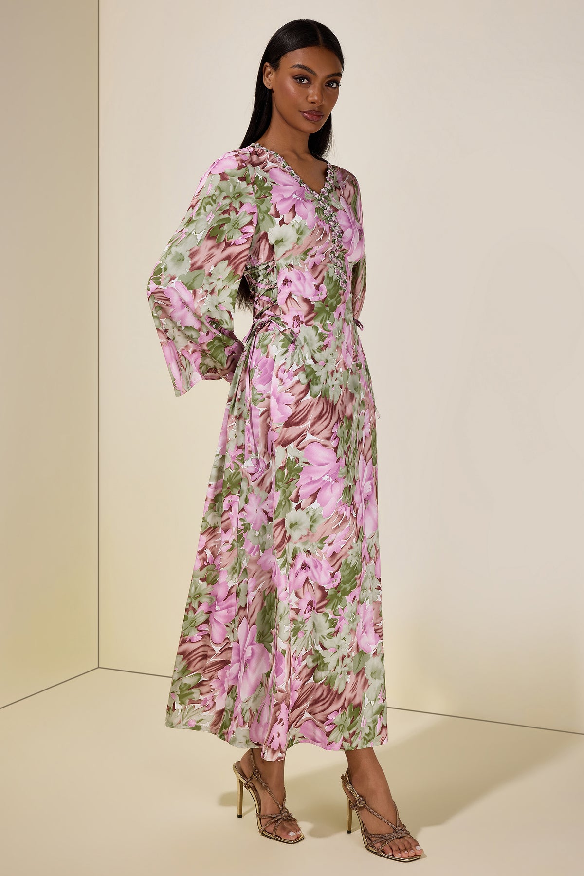 Floral Embroidered Bell Sleeve Midi Dress