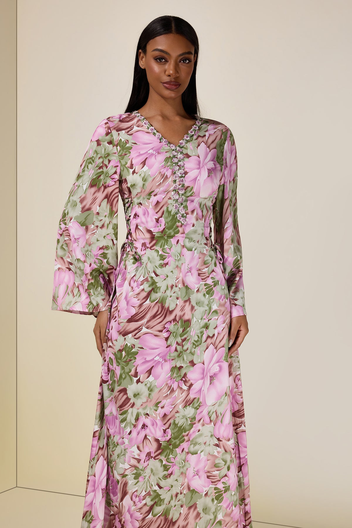 Floral Embroidered Bell Sleeve Midi Dress