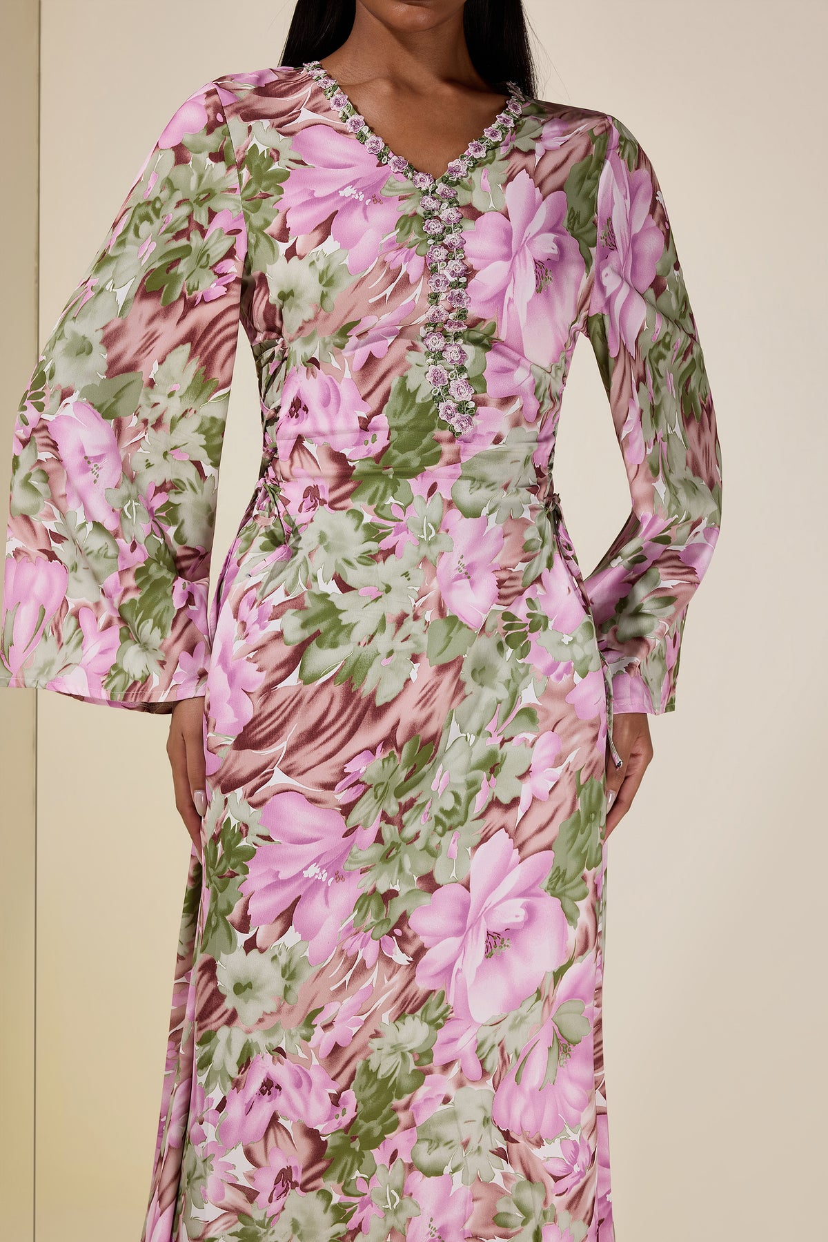 Floral Embroidered Bell Sleeve Midi Dress