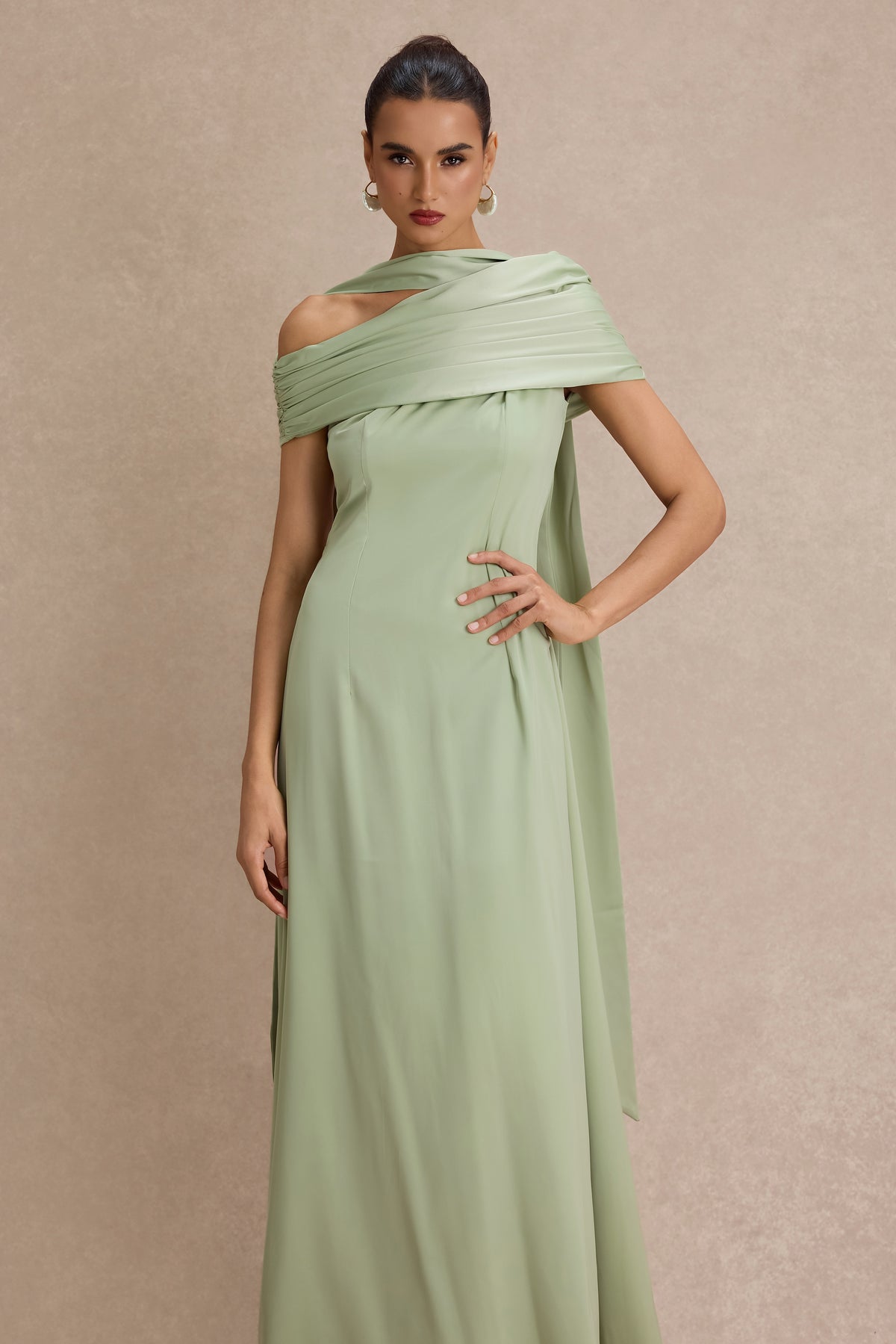 Satin Gathering Skew Collar Maxi Dress