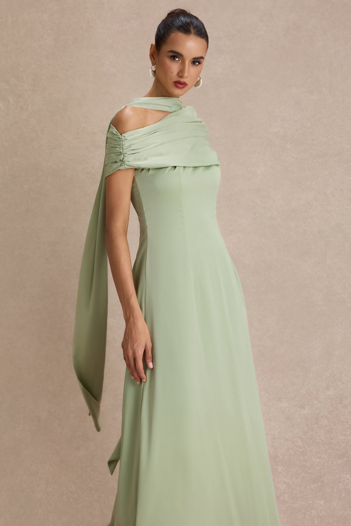 Satin Gathering Skew Collar Maxi Dress