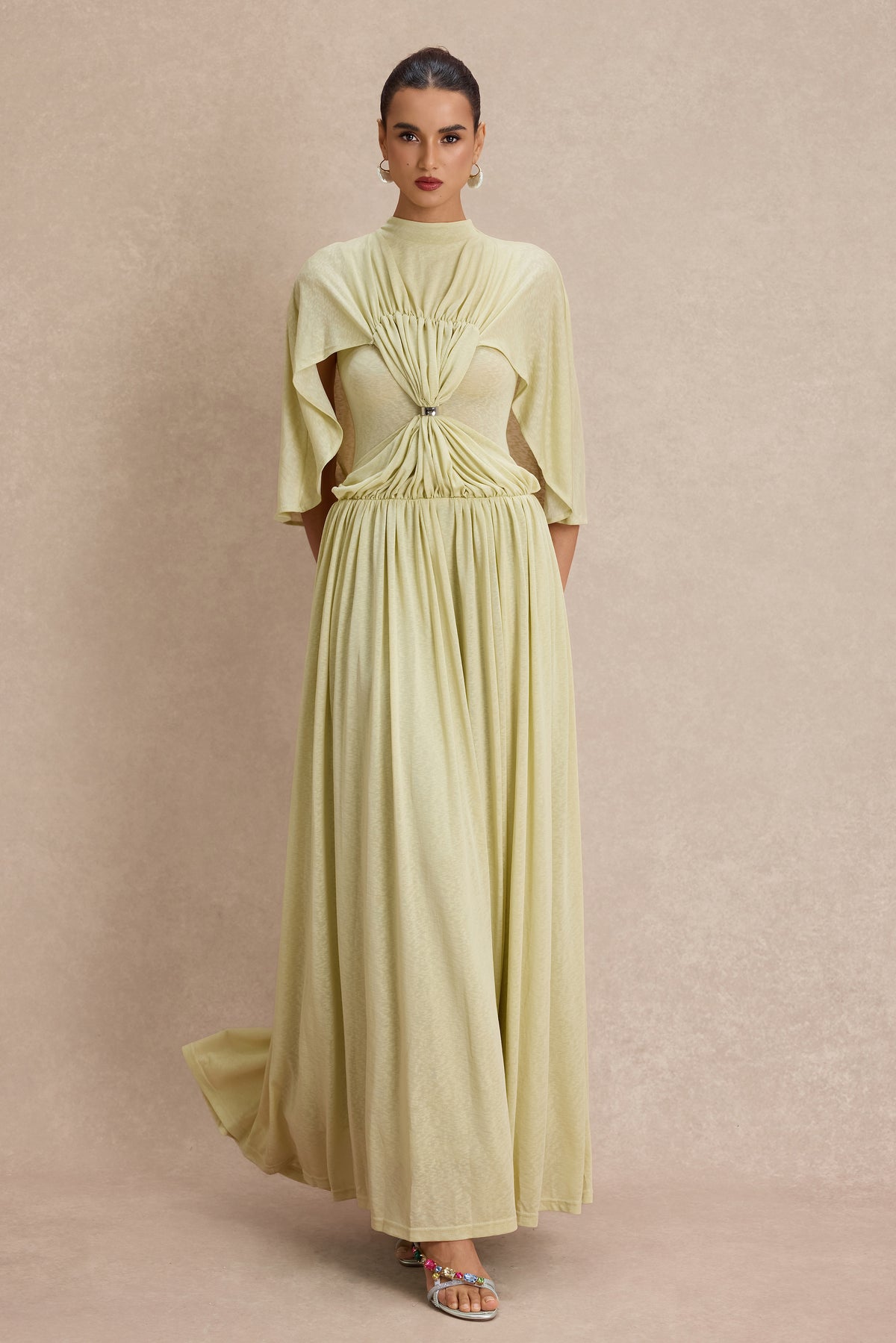 Gathering Metal Decorations Cape Sleeve Maxi Dress