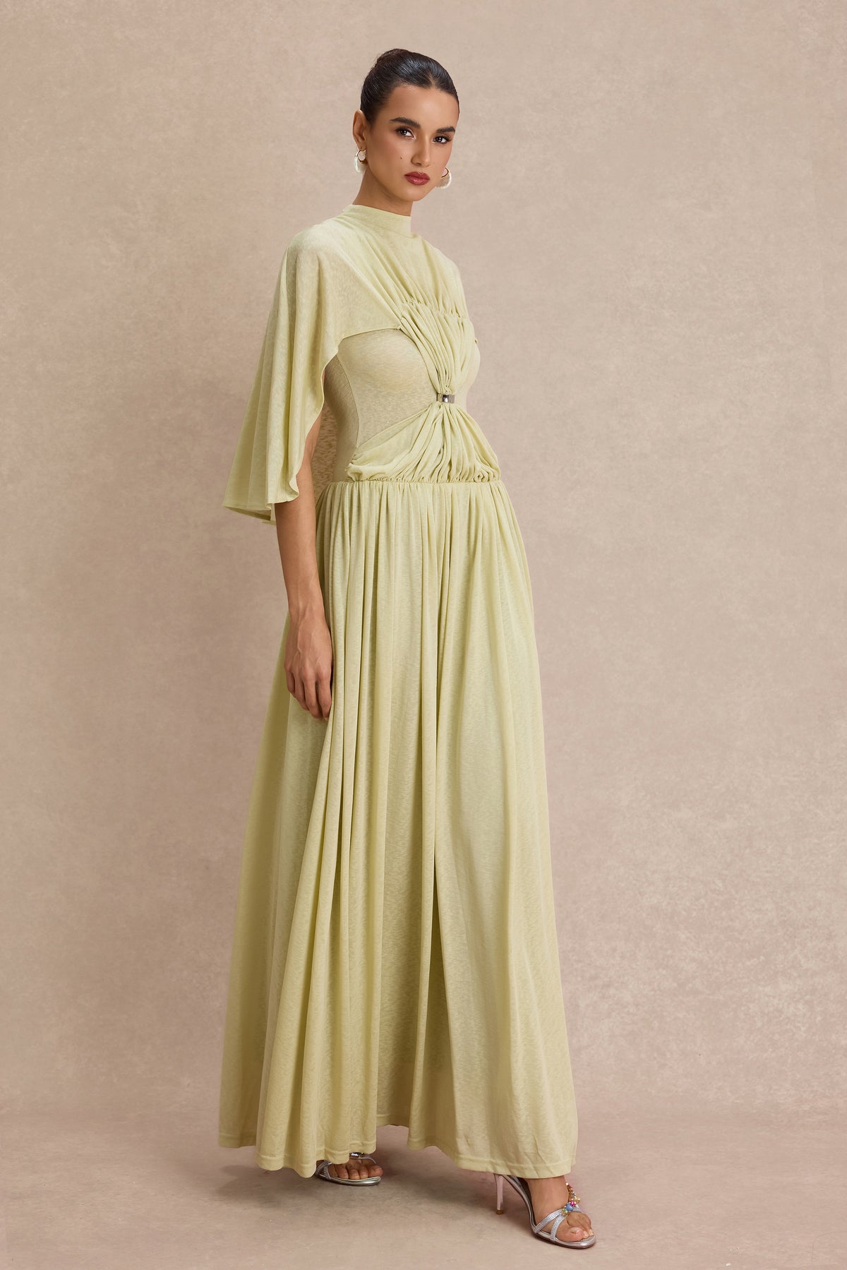 Gathering Metal Decorations Cape Sleeve Maxi Dress