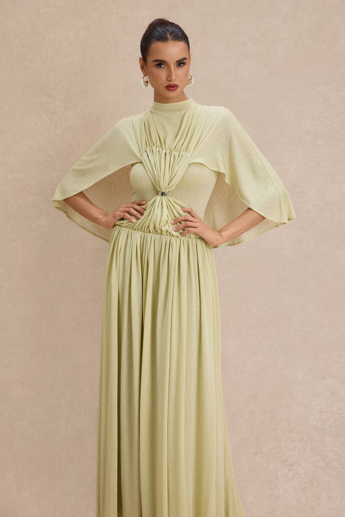 Gathering Metal Decorations Cape Sleeve Maxi Dress