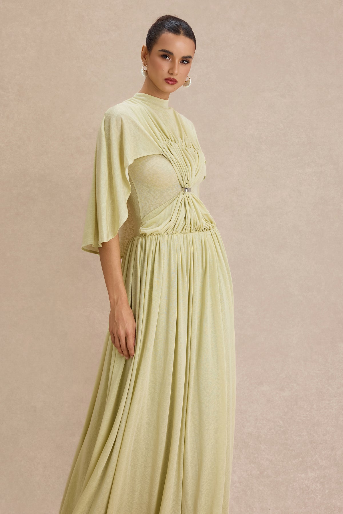 Gathering Metal Decorations Cape Sleeve Maxi Dress