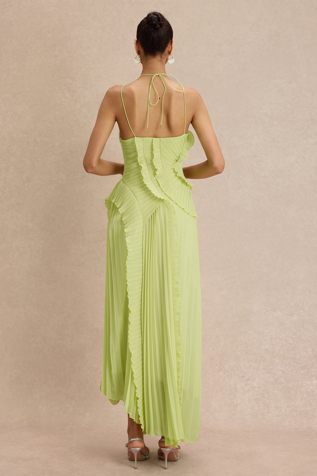 Pleated Frill Halter Neck Midi Dress