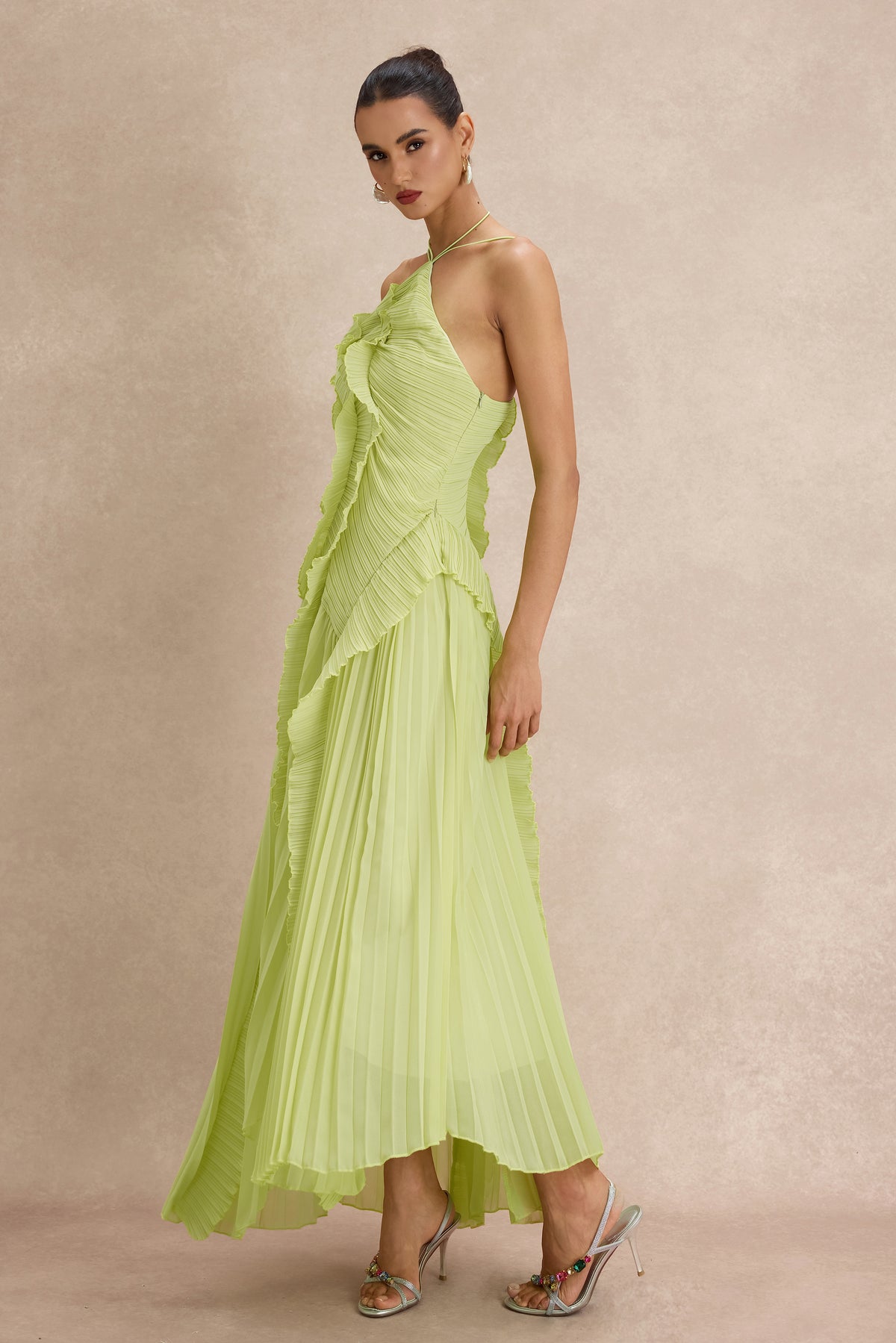 Pleated Frill Halter Neck Midi Dress
