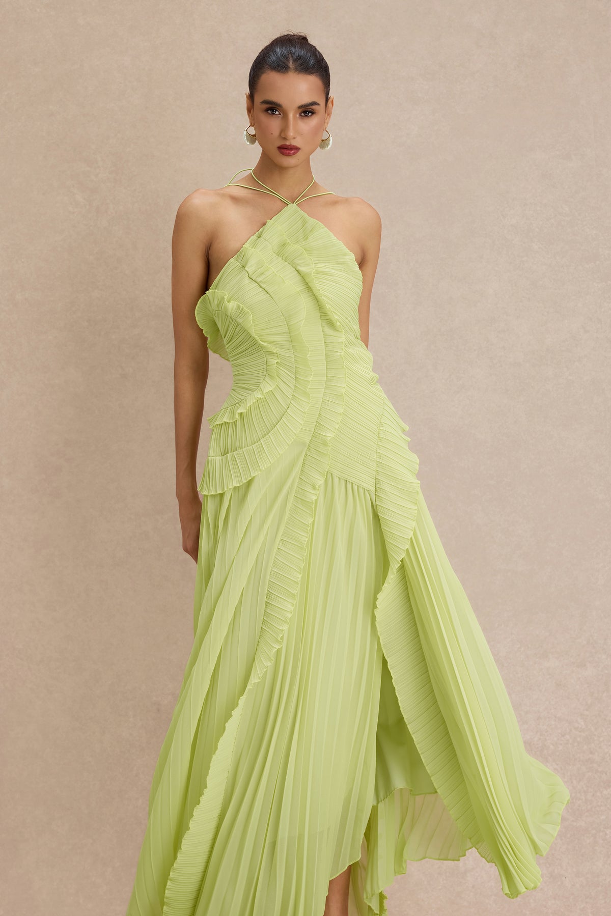 Pleated Frill Halter Neck Midi Dress