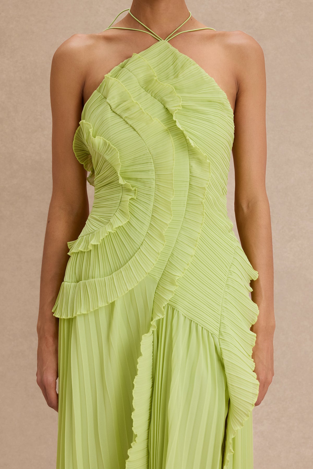 Pleated Frill Halter Neck Midi Dress