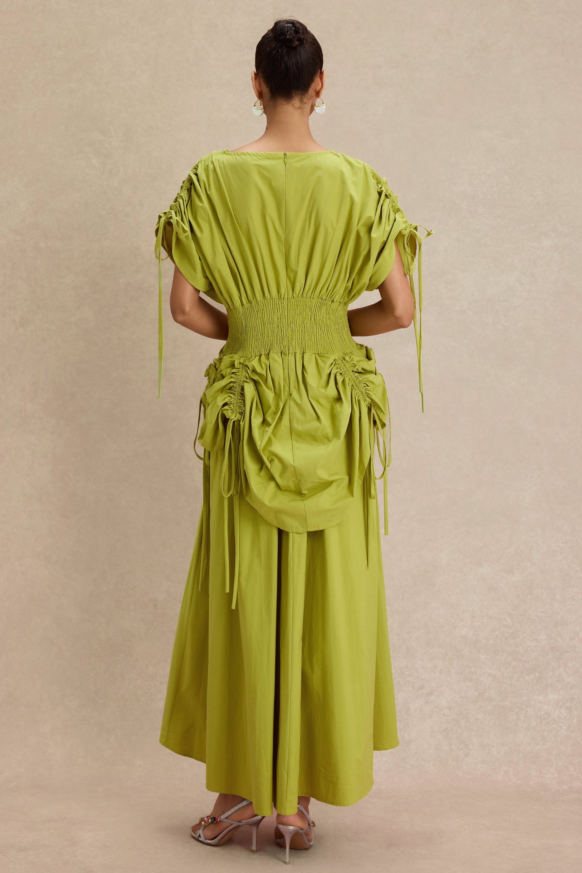 Shirring Batwing Sleeve Gathering Midi Dress