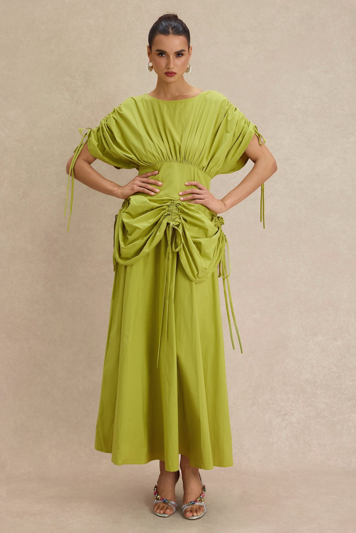 Shirring Batwing Sleeve Gathering Midi Dress