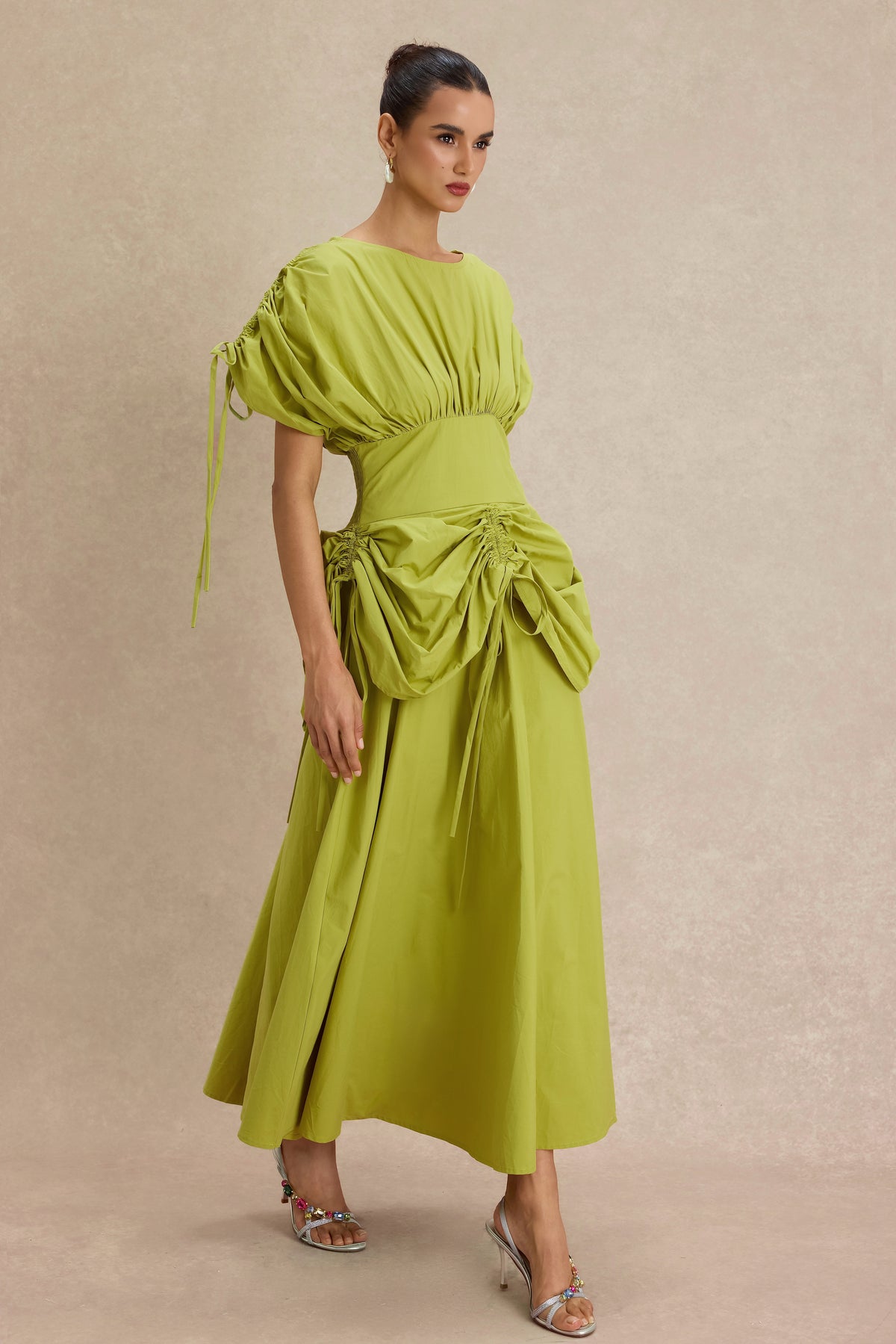 Shirring Batwing Sleeve Gathering Midi Dress