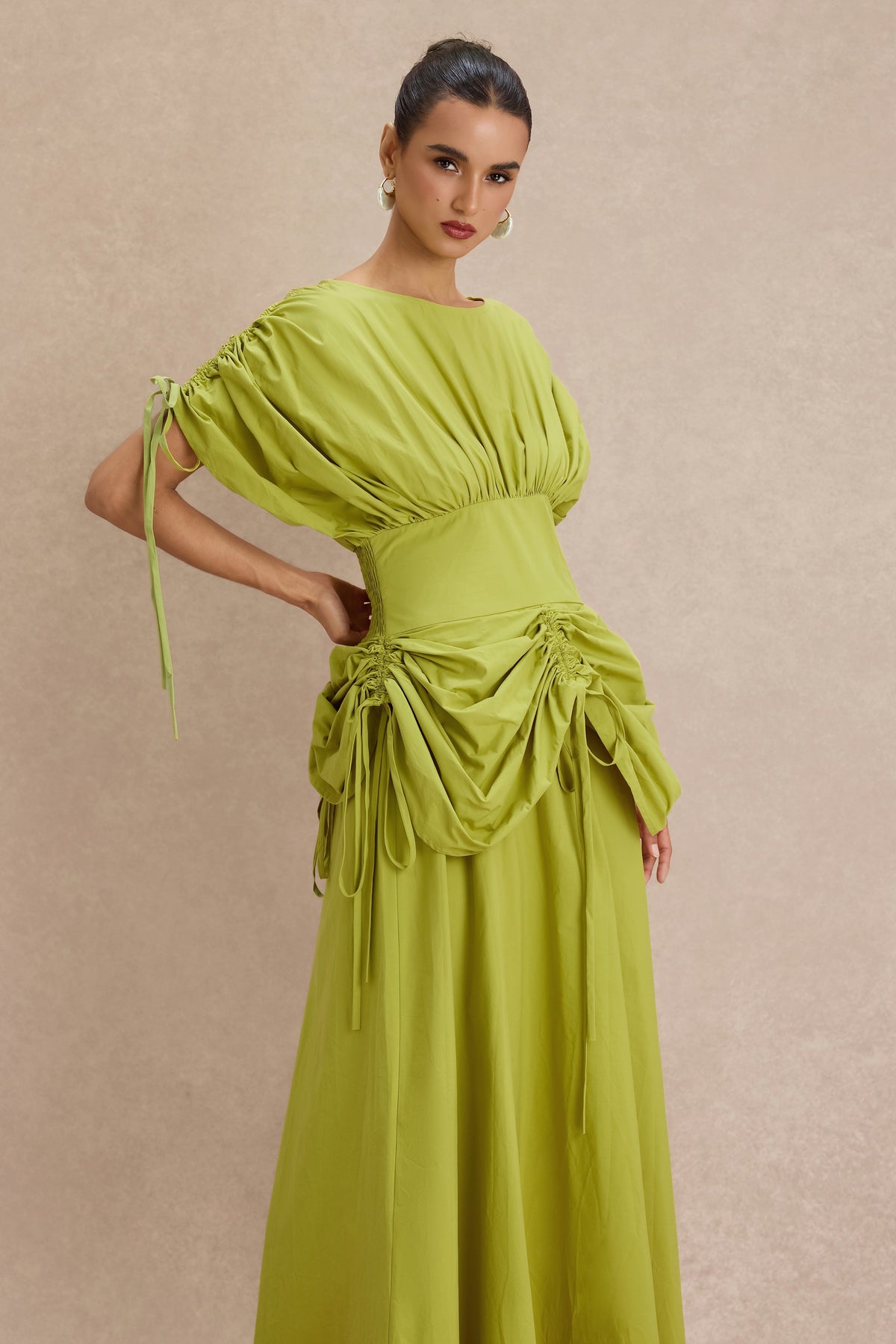 Shirring Batwing Sleeve Gathering Midi Dress
