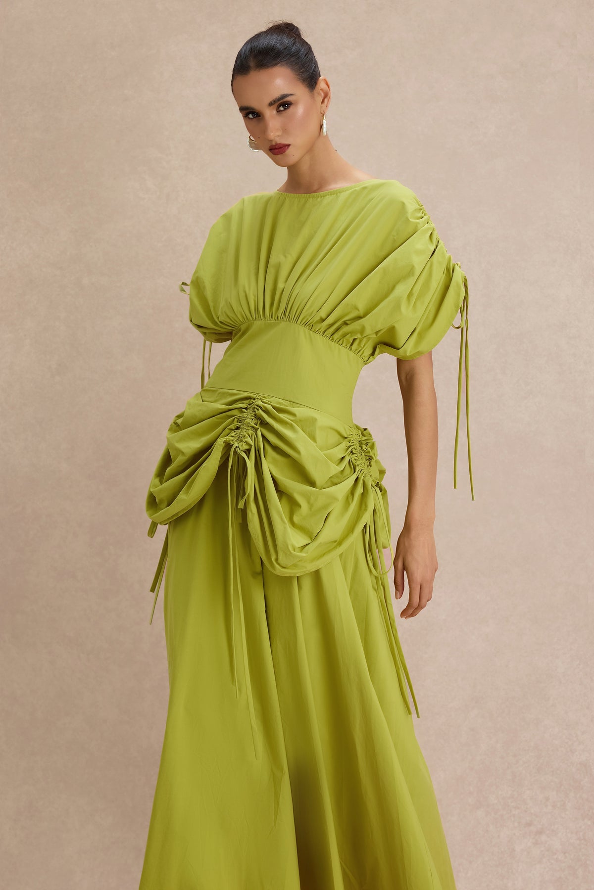 Shirring Batwing Sleeve Gathering Midi Dress