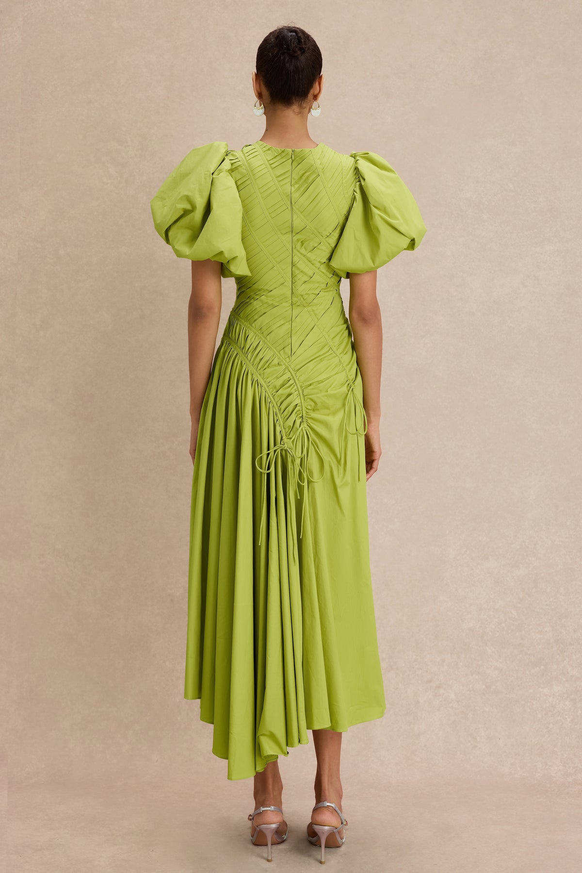 Shirring Round Neck Puff Sleeve Midi Dress