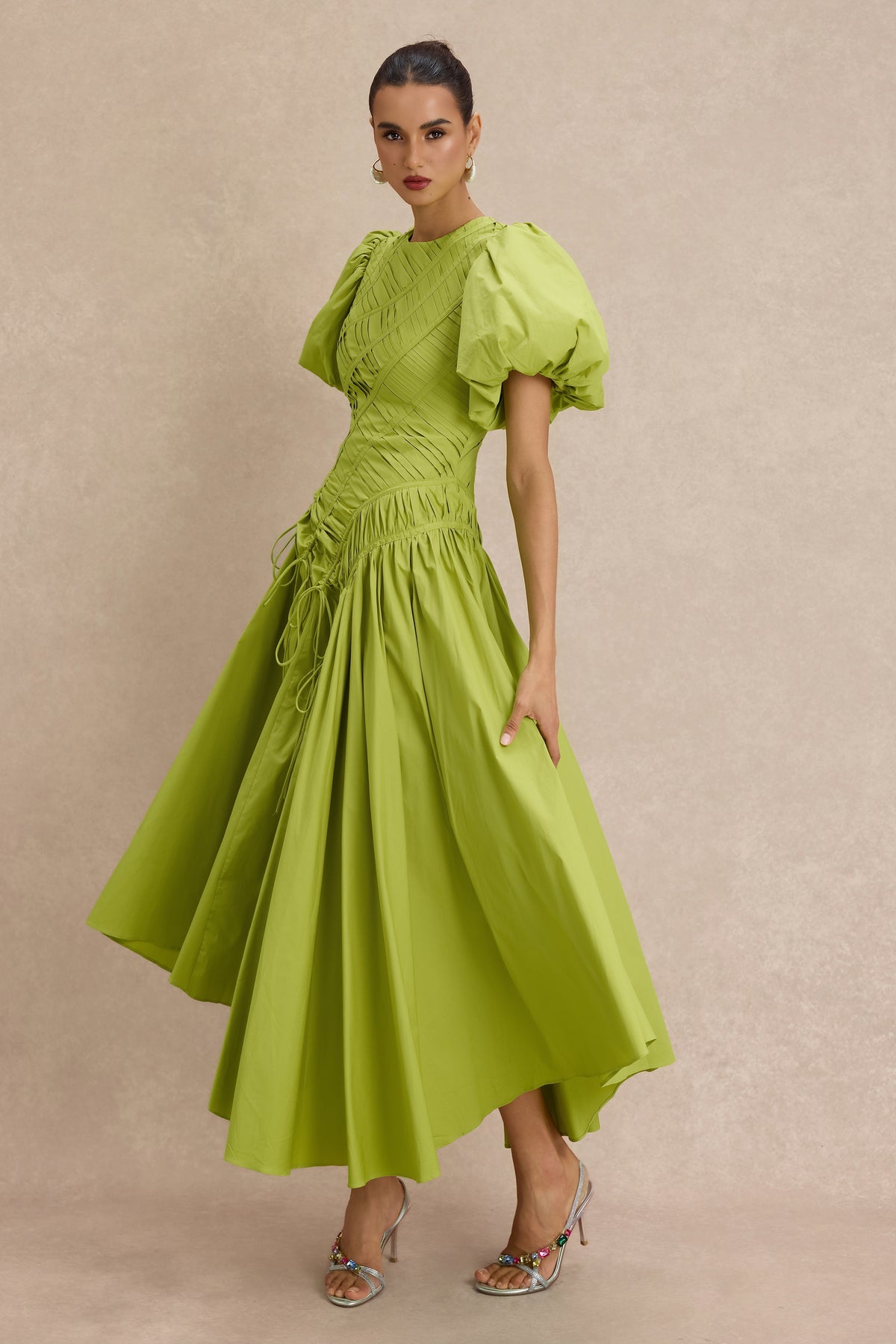 Shirring Round Neck Puff Sleeve Midi Dress