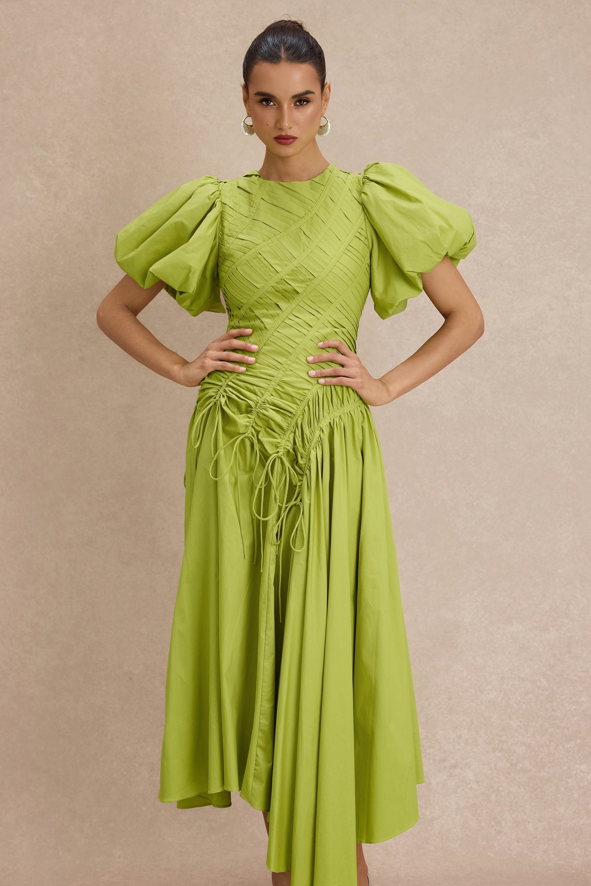 Shirring Round Neck Puff Sleeve Midi Dress