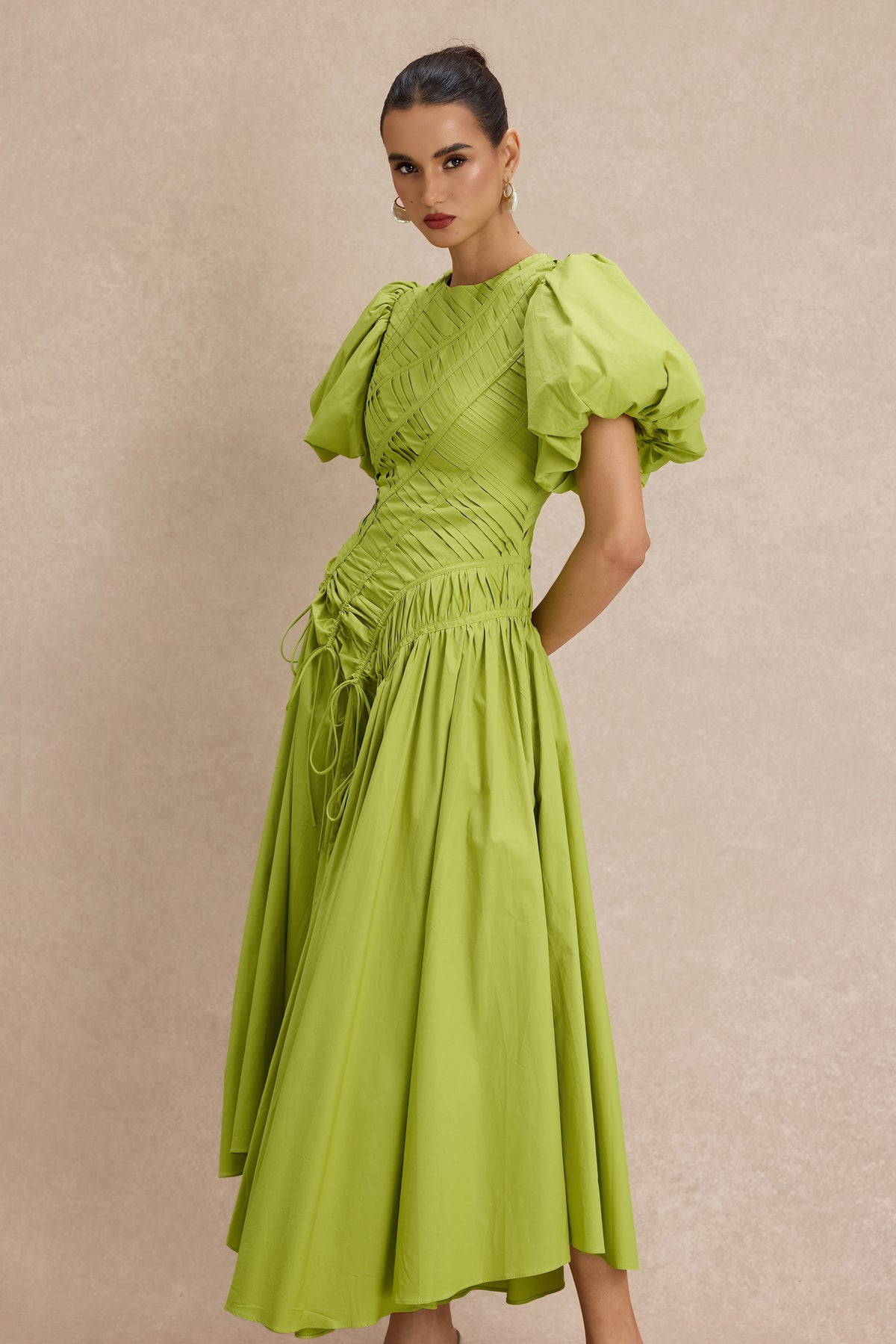 Shirring Round Neck Puff Sleeve Midi Dress