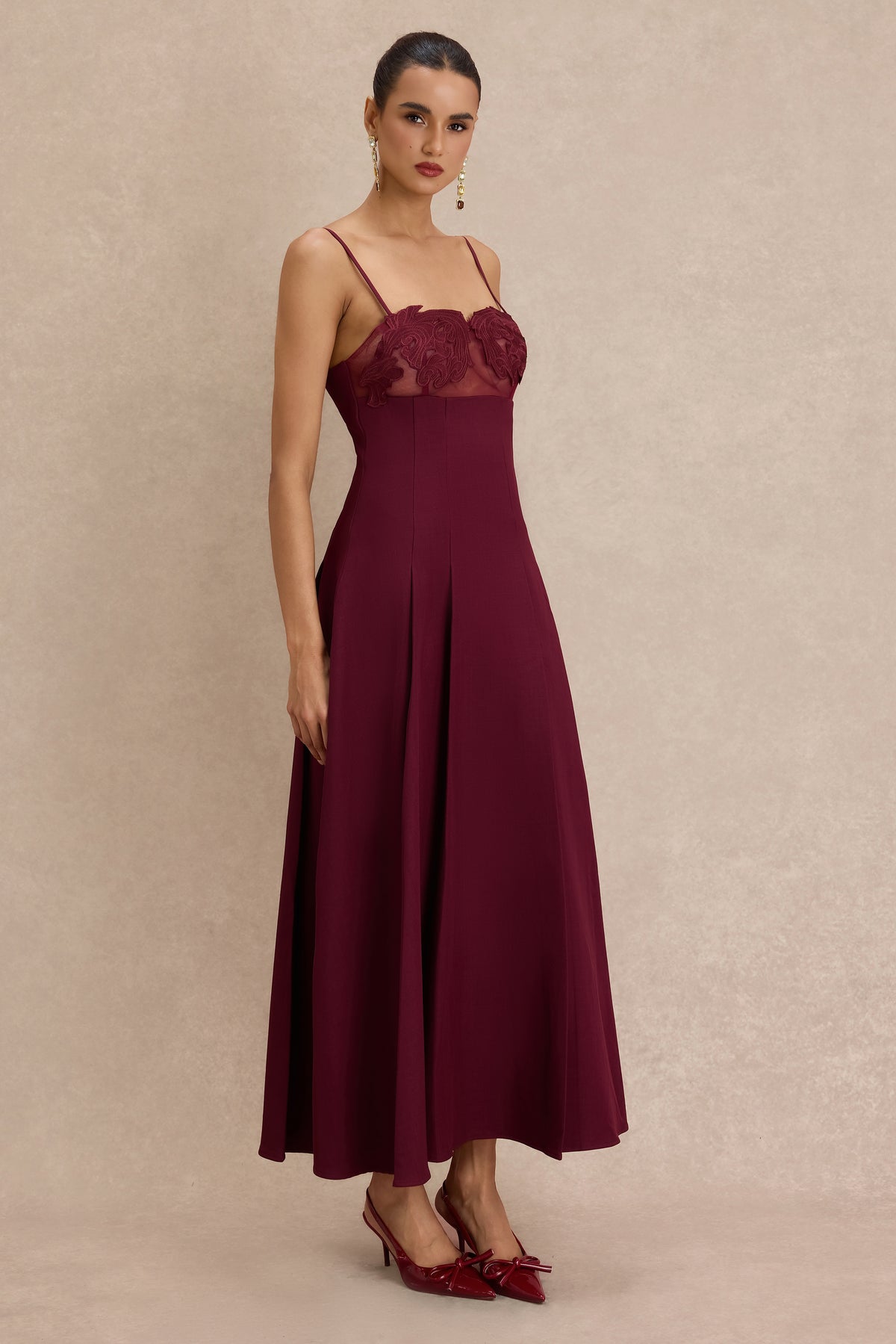 Appliquéd See-Through Slip Midi Dress