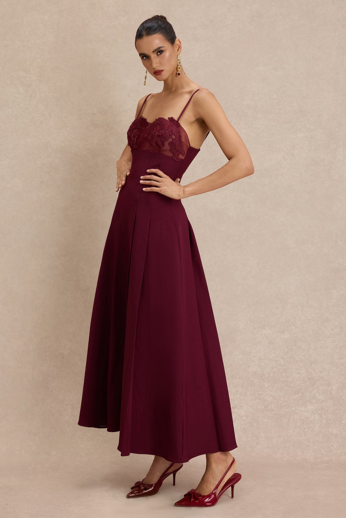 Appliquéd See-Through Slip Midi Dress