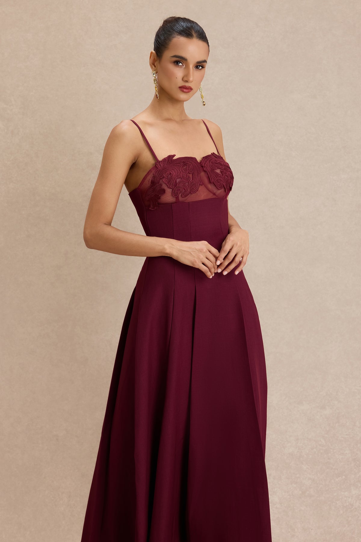 Appliquéd See-Through Slip Midi Dress