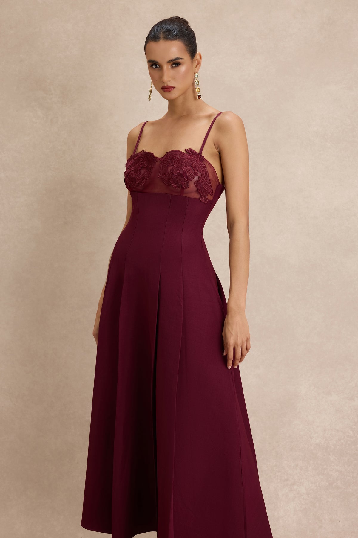 Appliquéd See-Through Slip Midi Dress