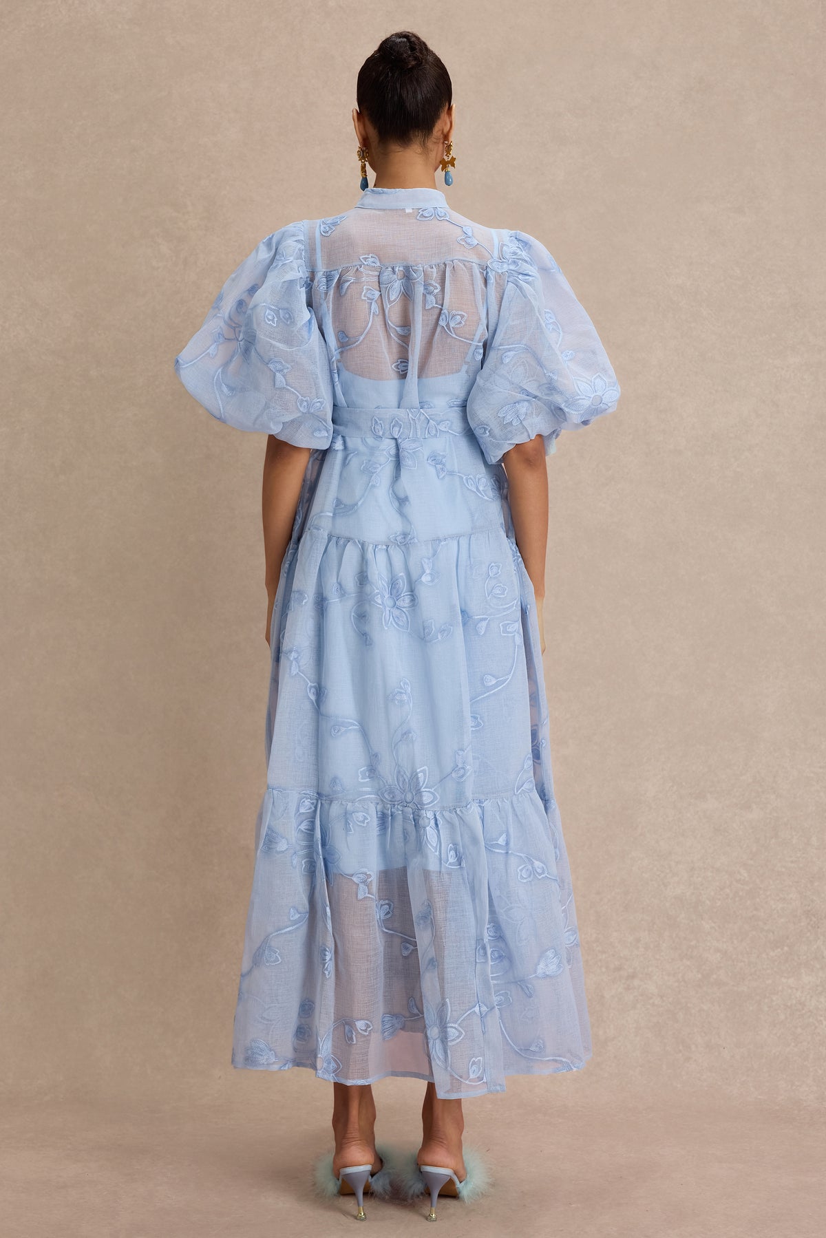 Embroidered Puff Sleeve Single Breasted Maxi Dress