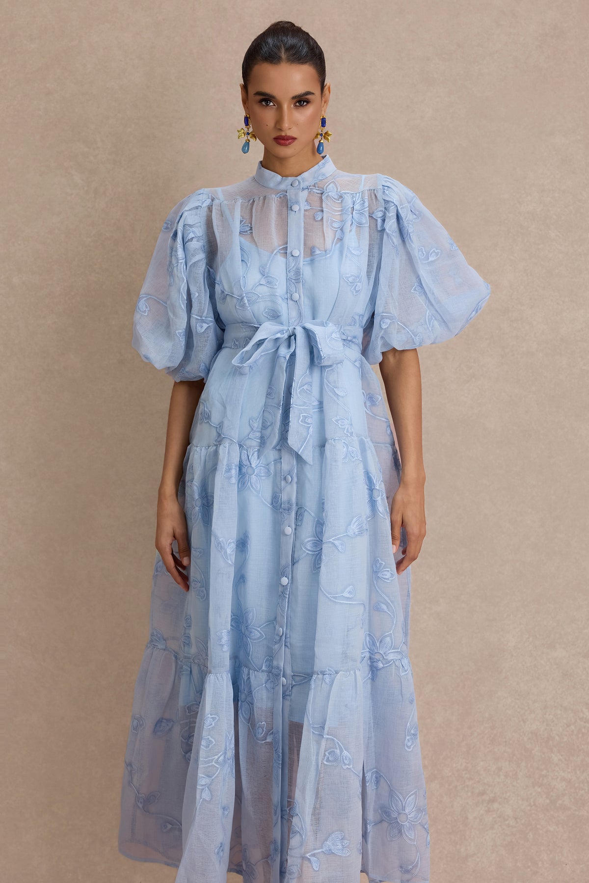 Embroidered Puff Sleeve Single Breasted Maxi Dress