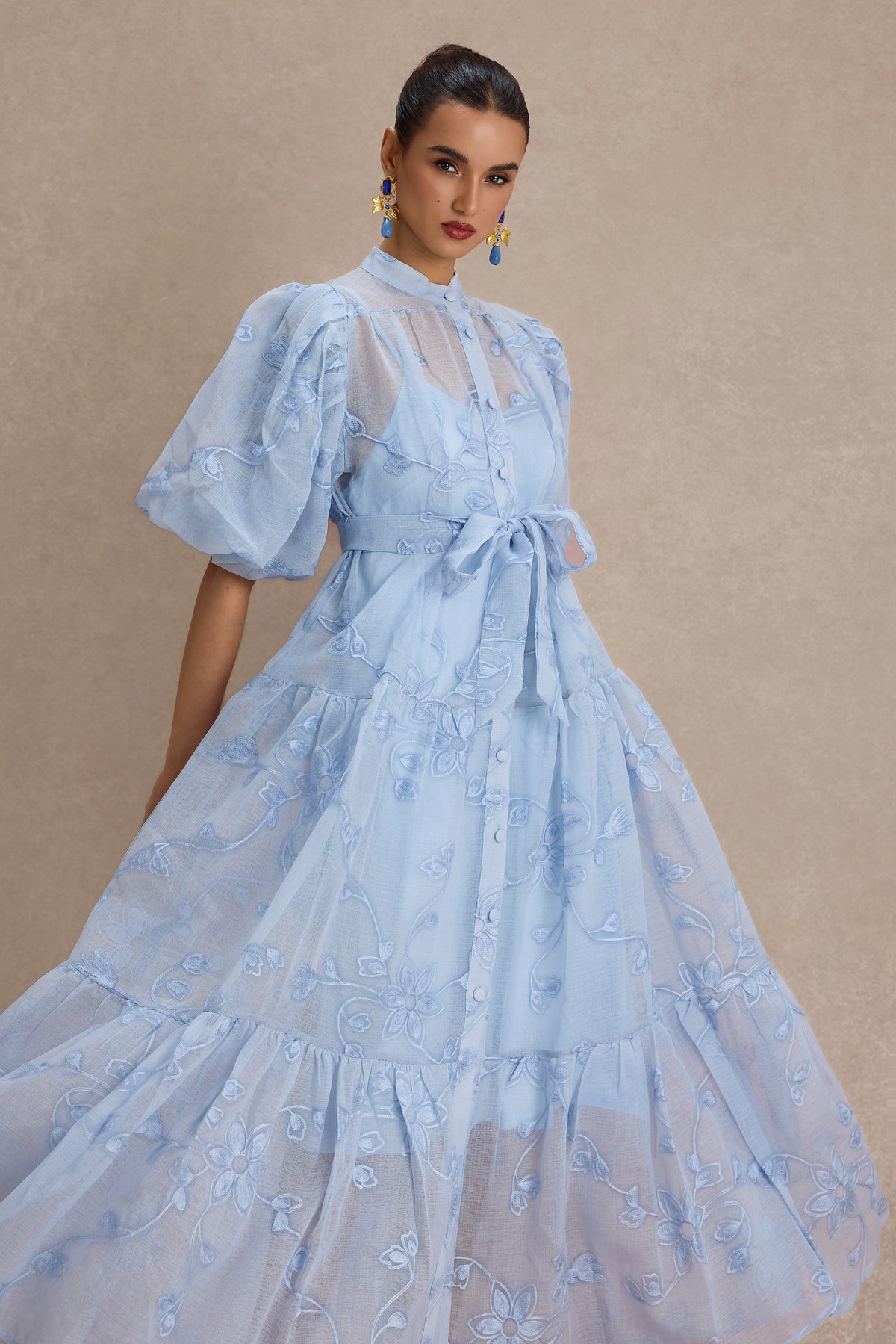 Embroidered Puff Sleeve Single Breasted Maxi Dress