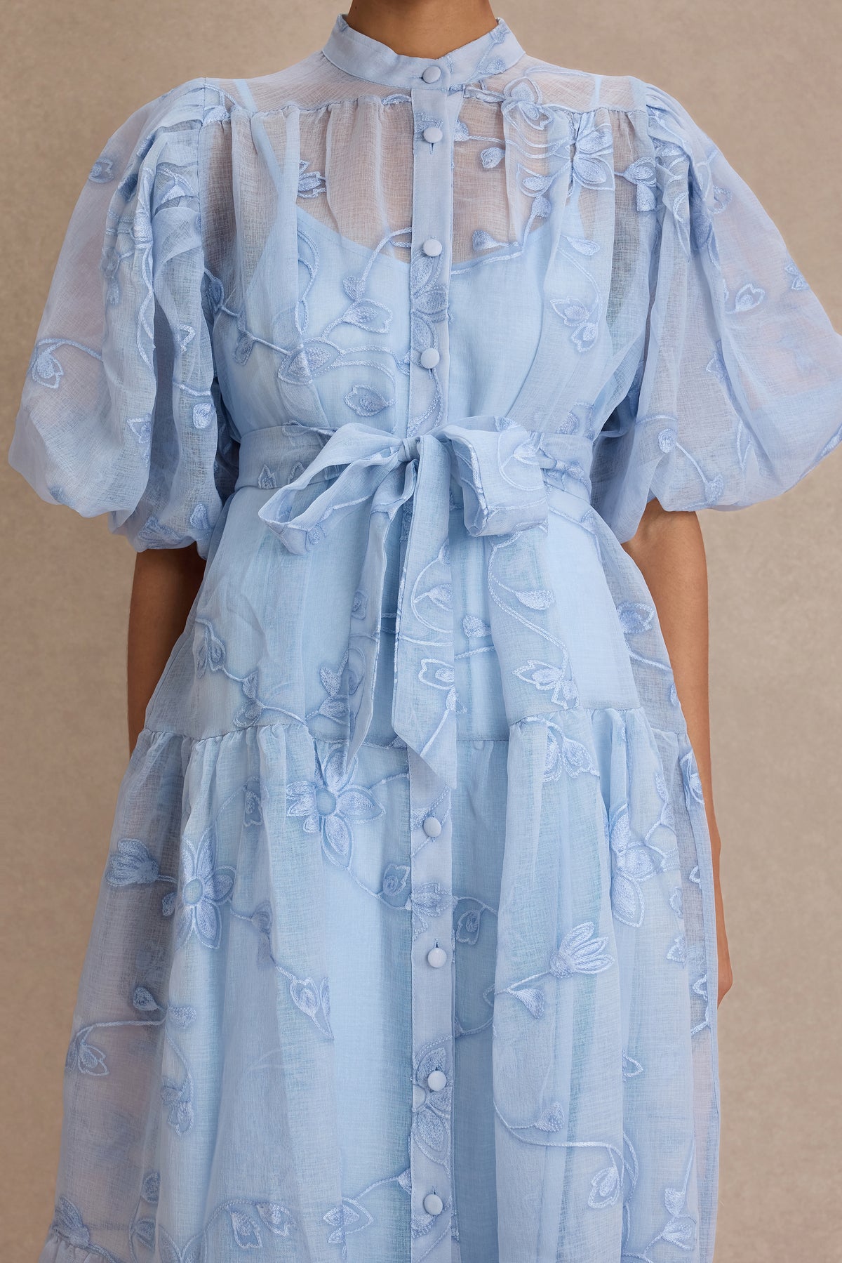 Embroidered Puff Sleeve Single Breasted Maxi Dress