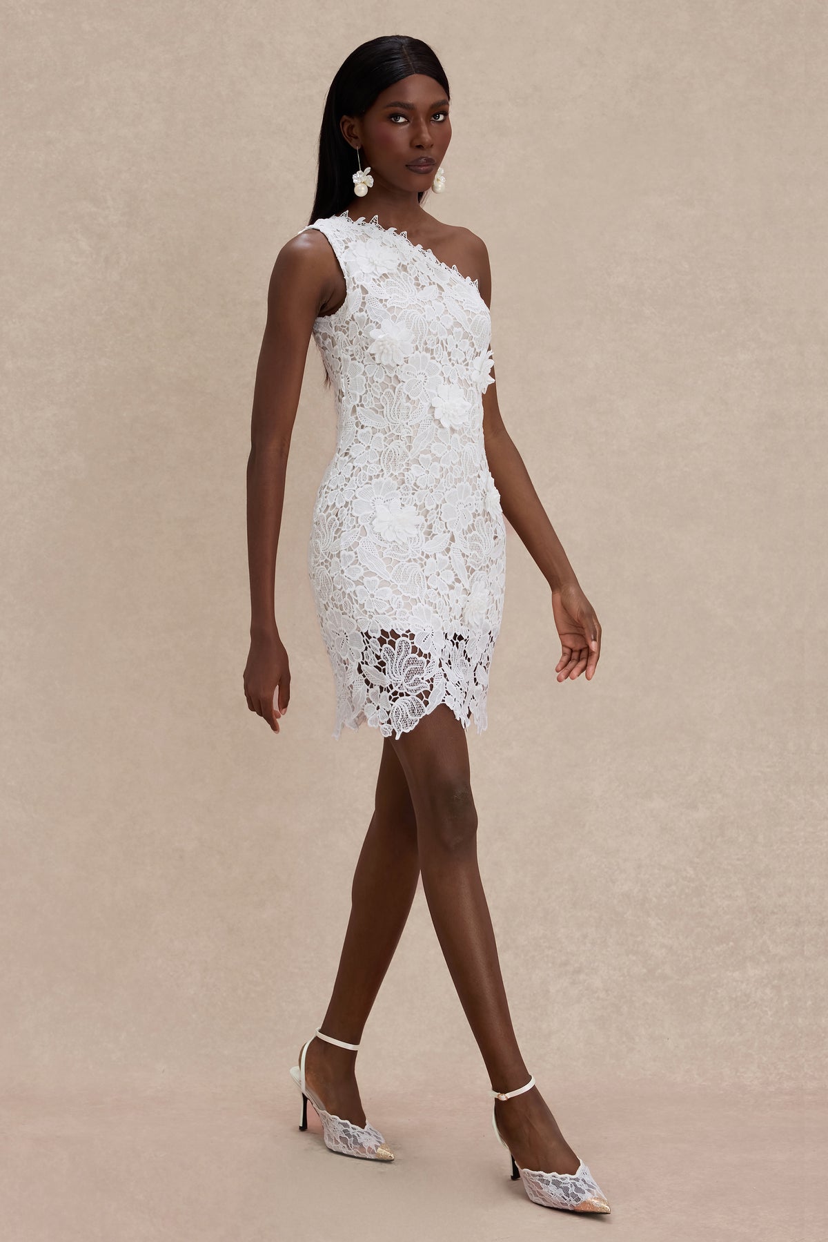 Lace 3D Flower One Shoulder Mini Dress