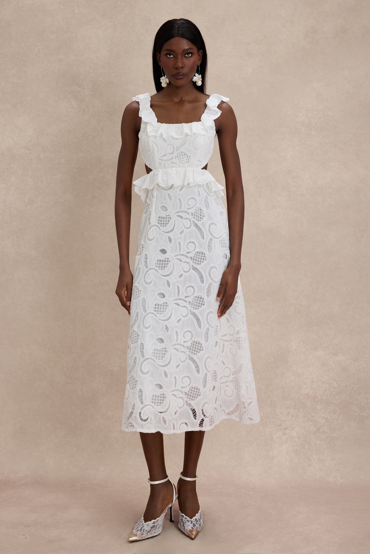 Lace Ruffle Tie-Up Midi Dress