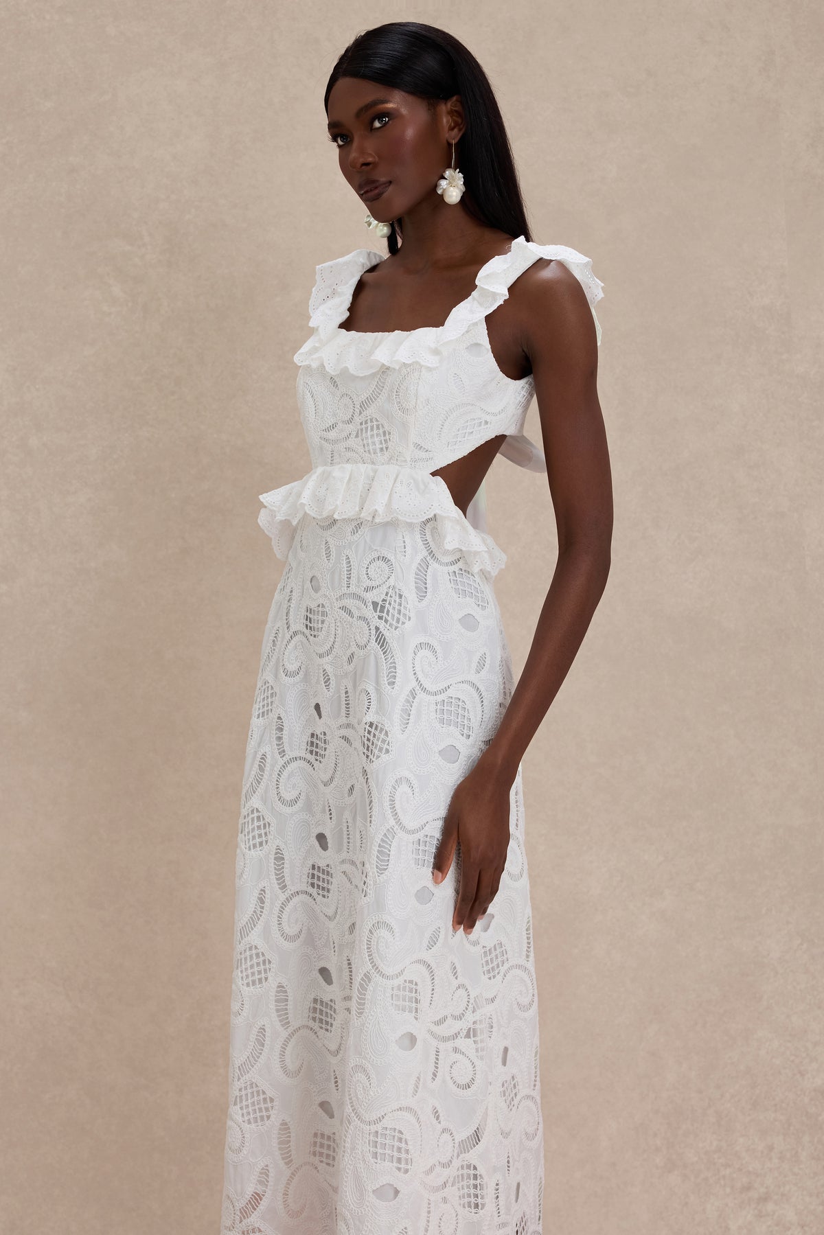 Lace Ruffle Tie-Up Midi Dress
