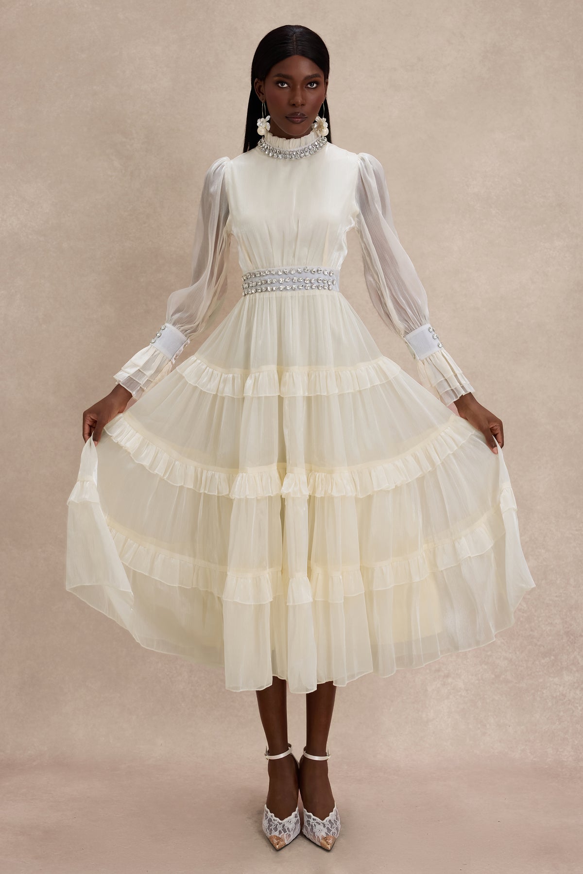 Solid Rhinestone Rivets Ruffle Midi Dress