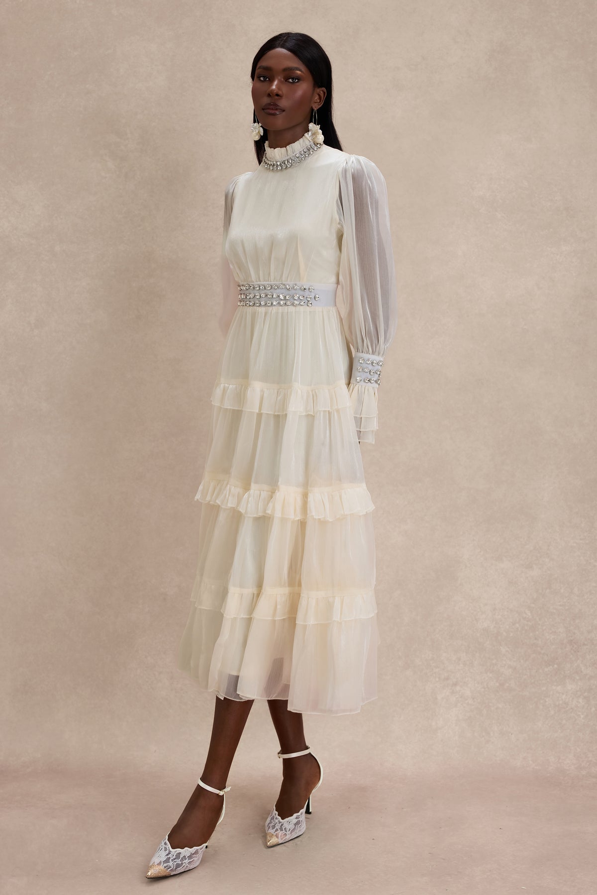Solid Rhinestone Rivets Ruffle Midi Dress