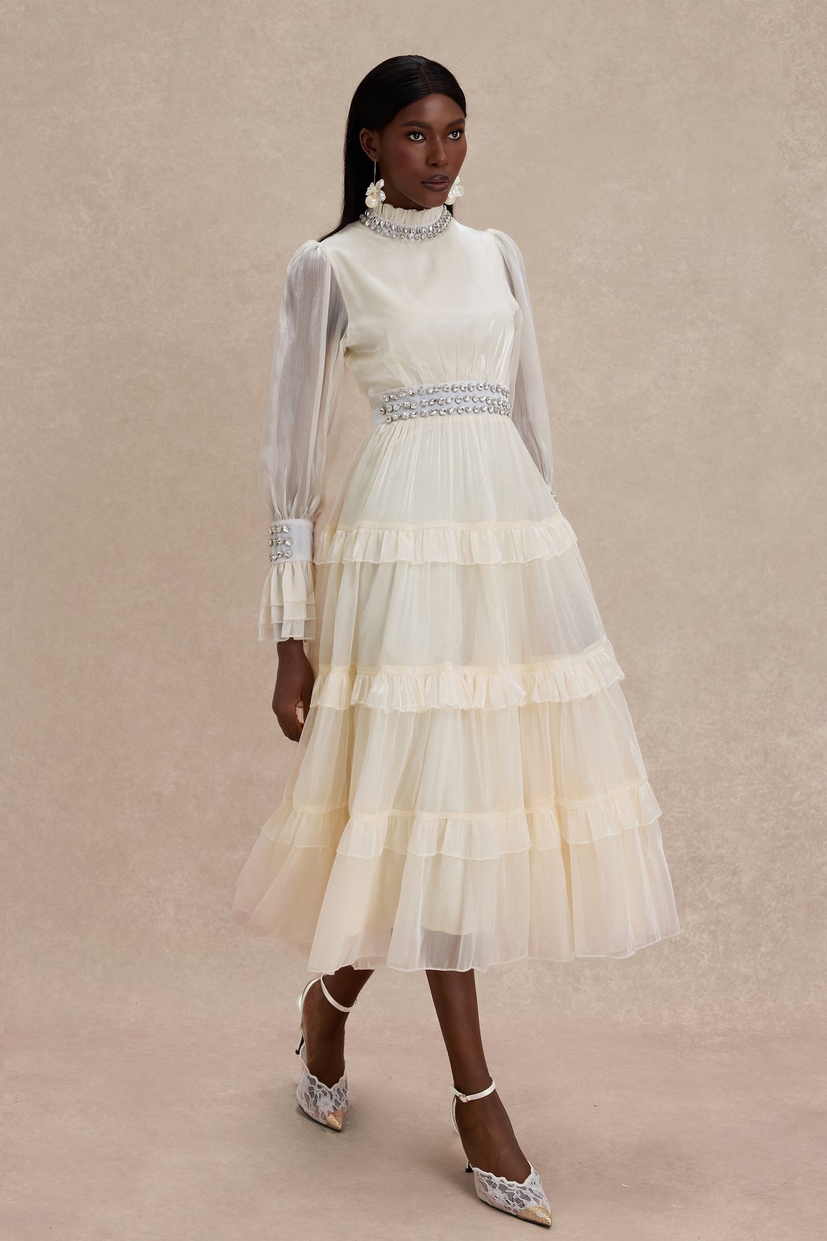 Solid Rhinestone Rivets Ruffle Midi Dress