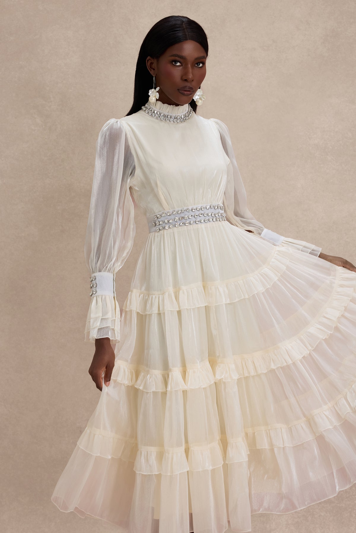 Solid Rhinestone Rivets Ruffle Midi Dress