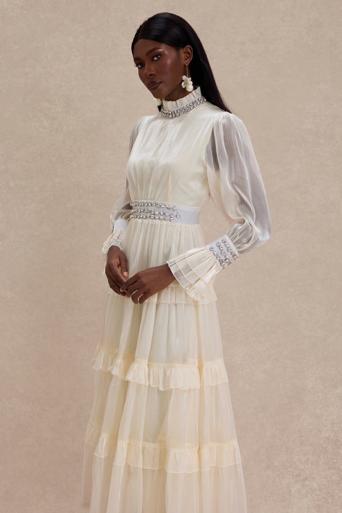 Solid Rhinestone Rivets Ruffle Midi Dress