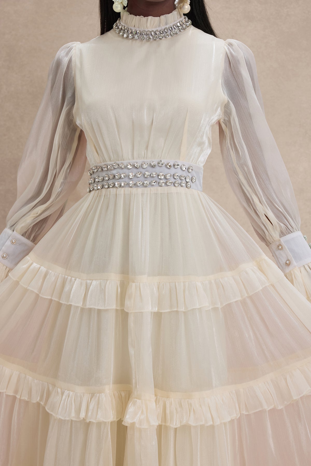 Solid Rhinestone Rivets Ruffle Midi Dress